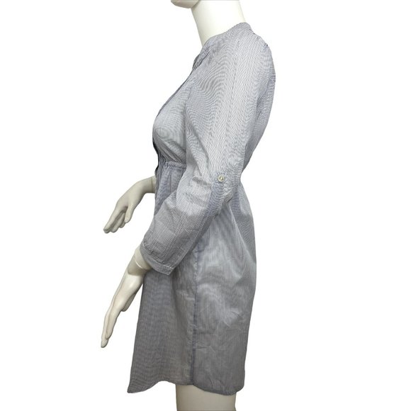 H&M Women’s Mini Dress 2 Blue Button Down 3/4 Sleeve Roll Tab Band Collar VNeck - Picture 2 of 13